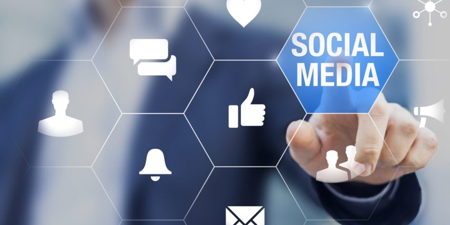 Social media network community manager touching icons about reputation on internet with likes, love, messages, shares and viral advertisement, online corporate presence, professional business person